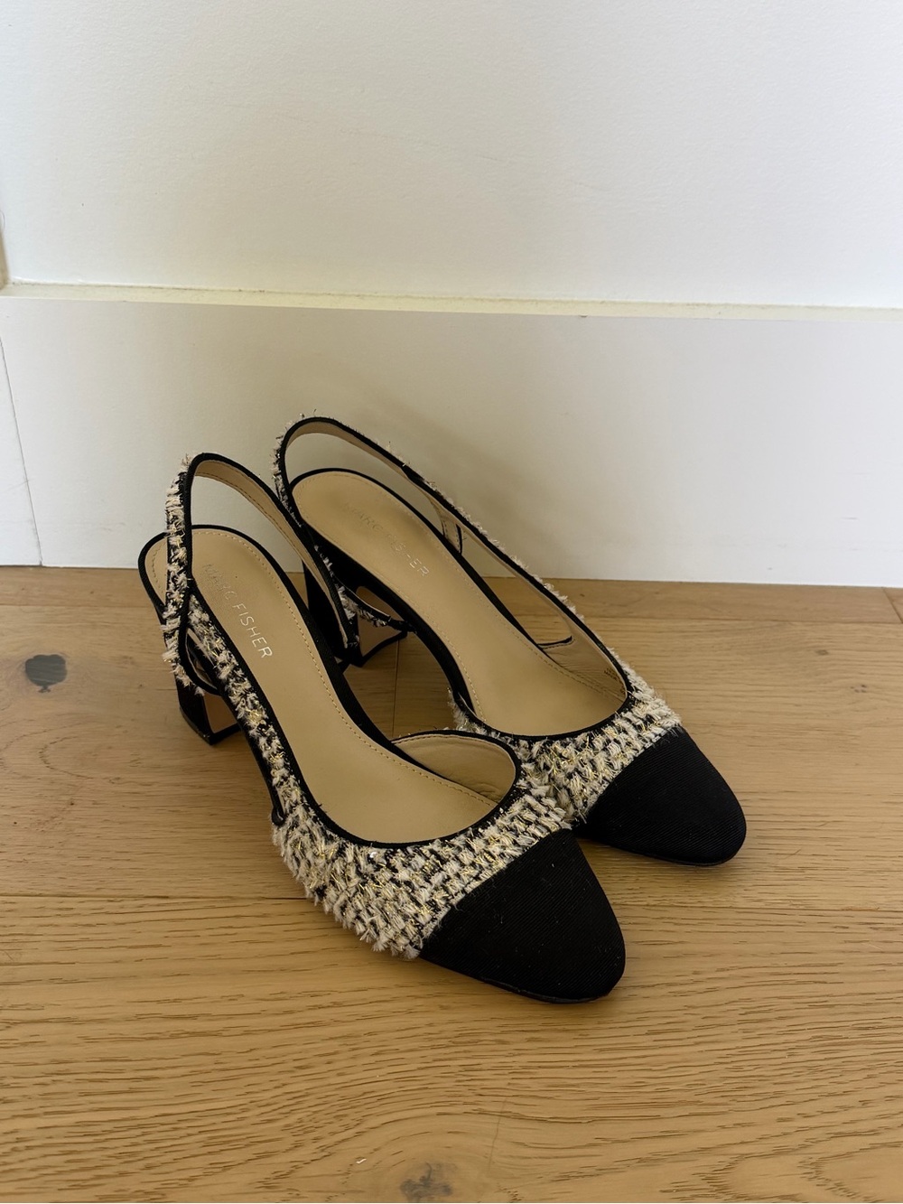 Marc Fisher Tweed Slingback Pumps with Black Cap Toe